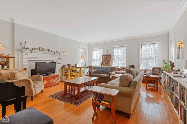 living area featuring light wood-style floors and ornamental molding