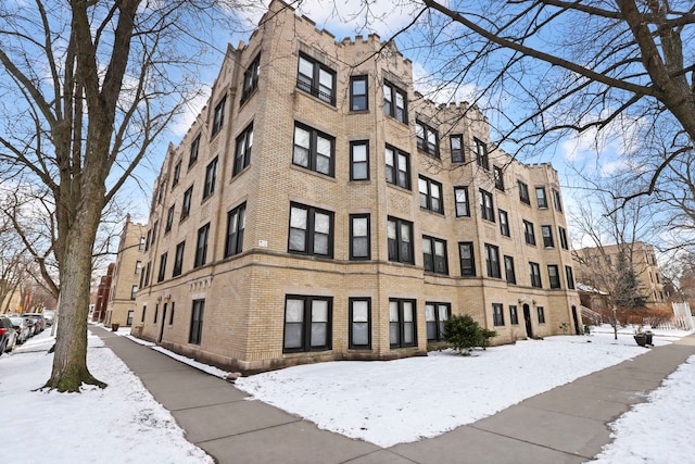 view of snow covered building