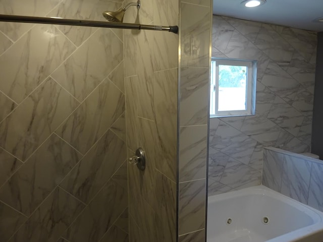 full bath with recessed lighting and a combined bath / shower with jetted tub