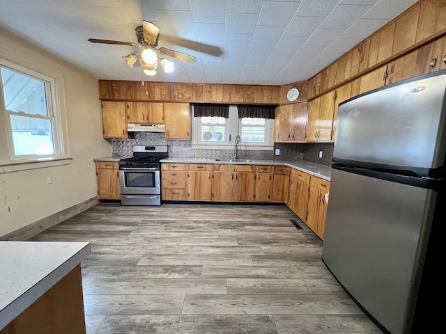 kitchen with light wood finished floors, backsplash, stainless steel appliances, under cabinet range hood, and a sink