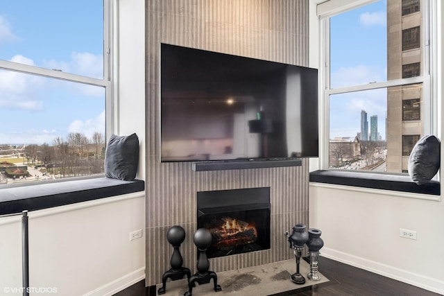 interior details with a warm lit fireplace, baseboards, and wood finished floors