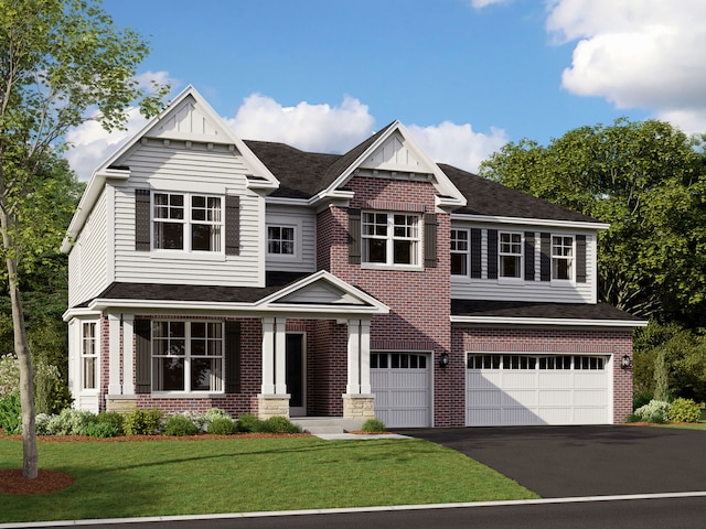 view of front of house with aphalt driveway, roof with shingles, an attached garage, a front lawn, and brick siding