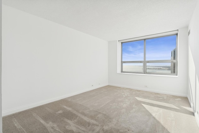 spare room featuring light colored carpet, a textured ceiling, and baseboards