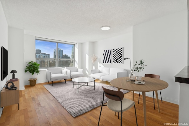 living area featuring light wood-style floors, a city view, a textured ceiling, and baseboards