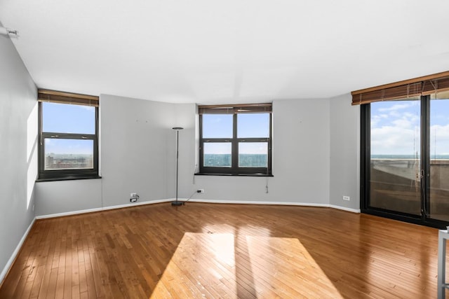 unfurnished room with plenty of natural light, wood-type flooring, and baseboards