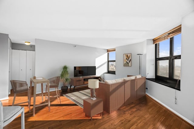 living room with plenty of natural light, baseboards, and hardwood / wood-style floors