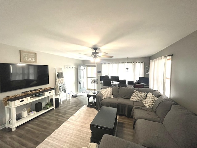 living room featuring ceiling fan and dark wood finished floors