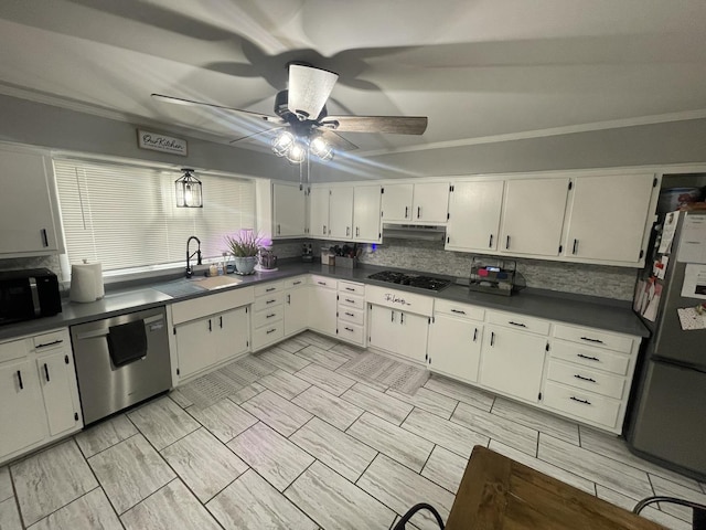 kitchen featuring under cabinet range hood, a sink, white cabinets, appliances with stainless steel finishes, and dark countertops