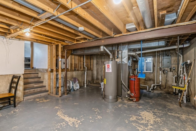 unfinished basement with electric panel and gas water heater