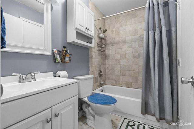 full bathroom with tile patterned flooring, shower / bathtub combination with curtain, toilet, and vanity