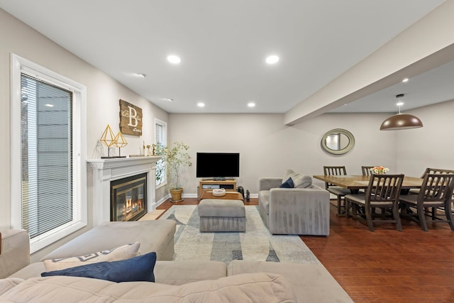 living room with baseboards, a glass covered fireplace, wood finished floors, and recessed lighting