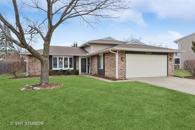 view of front facade featuring a garage, concrete driveway, roof with shingles, fence, and a front yard