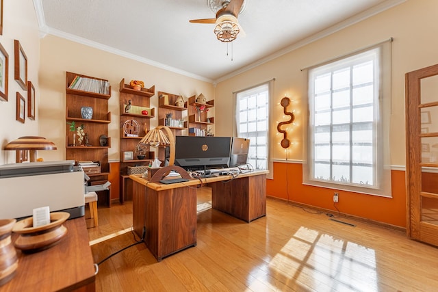 office featuring light wood-style floors, ornamental molding, baseboards, and a ceiling fan