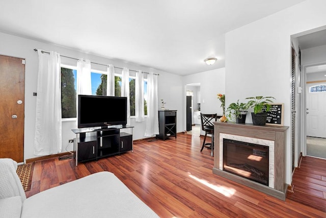 living room featuring a premium fireplace, baseboards, and wood finished floors