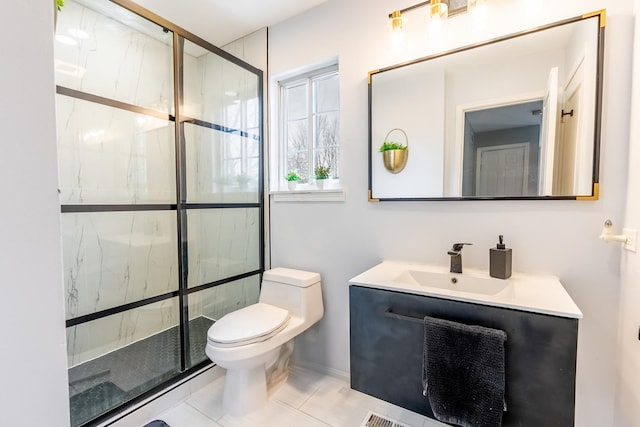 full bathroom with a shower stall, toilet, and vanity