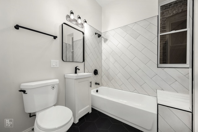 bathroom with vanity, shower / tub combination, toilet, and tile patterned floors