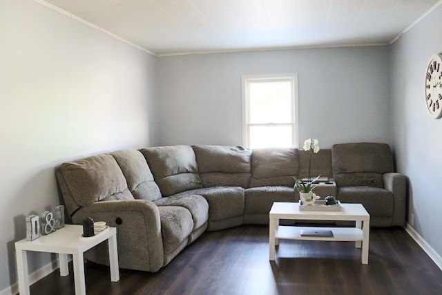 living area featuring dark wood-style floors, baseboards, and ornamental molding