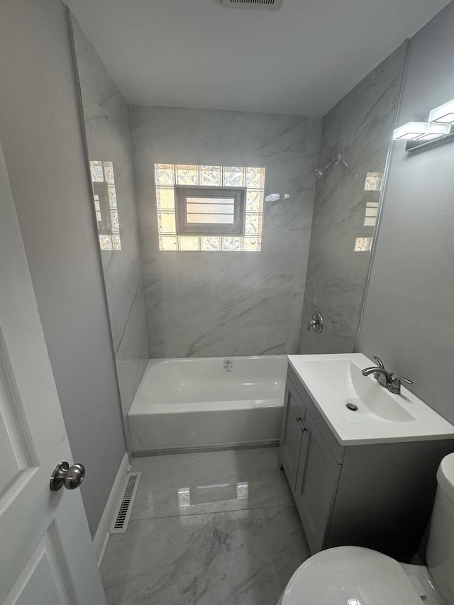 bathroom featuring visible vents, toilet, shower / tub combination, marble finish floor, and vanity