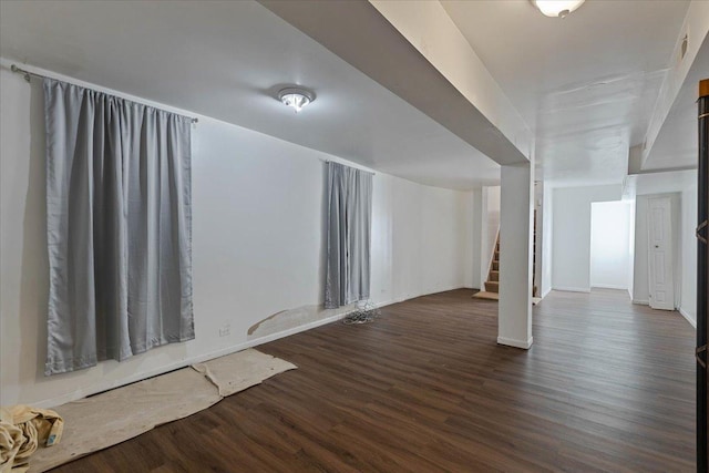 empty room featuring dark wood-style floors and stairs