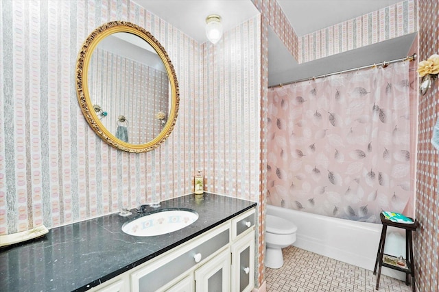 full bath featuring toilet, wallpapered walls, tile patterned flooring, and vanity