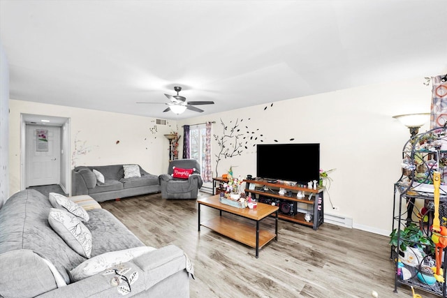 living room with ceiling fan, wood finished floors, and visible vents