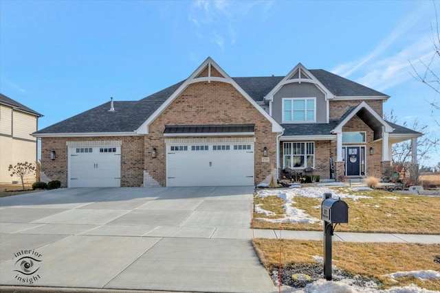 craftsman house featuring driveway, an attached garage, a shingled roof, and brick siding