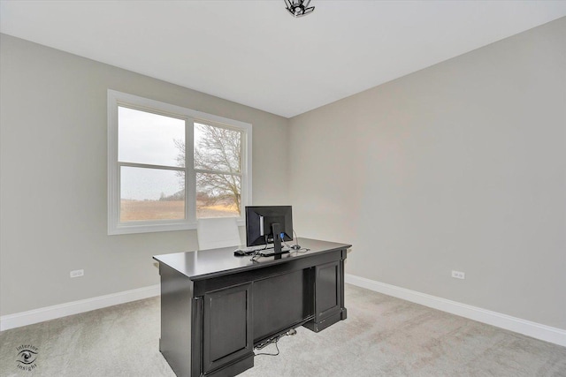 office area with light carpet and baseboards