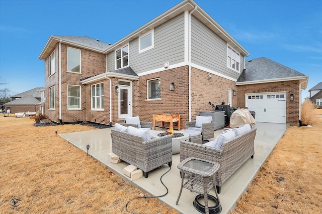 back of property featuring an outdoor hangout area, a patio, brick siding, and a lawn