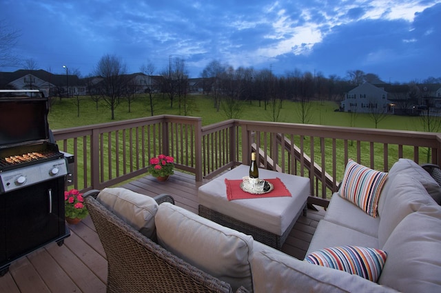 wooden deck with a rural view, a yard, and outdoor lounge area