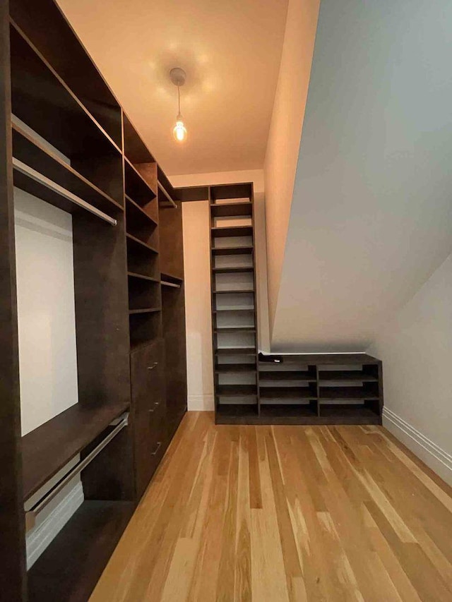 walk in closet with wood finished floors