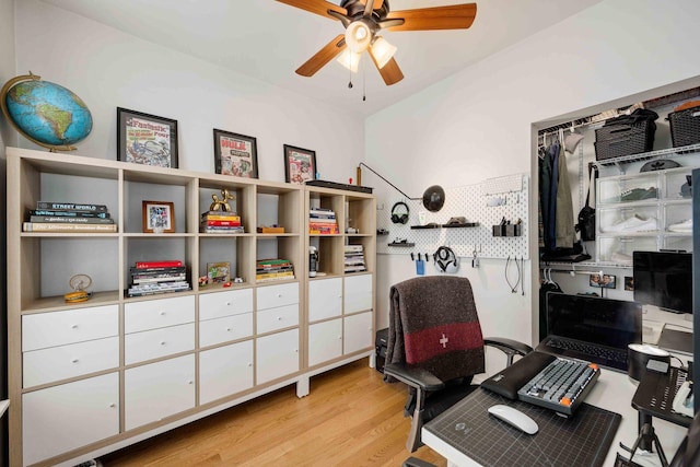 office space featuring light wood-type flooring and a ceiling fan