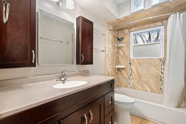 full bathroom with toilet, tile patterned floors, shower / bath combination with curtain, and vanity