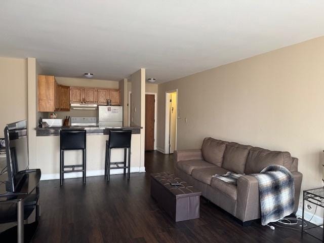 living area featuring dark wood-type flooring and baseboards