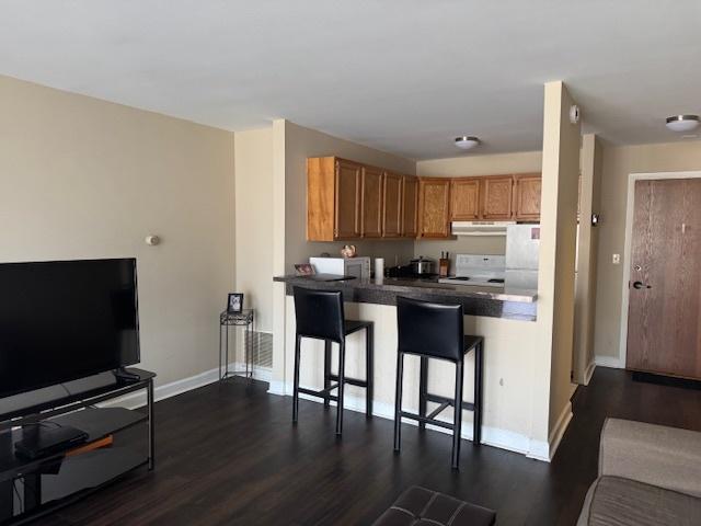 kitchen with white appliances, baseboards, dark wood-style floors, a kitchen breakfast bar, and under cabinet range hood