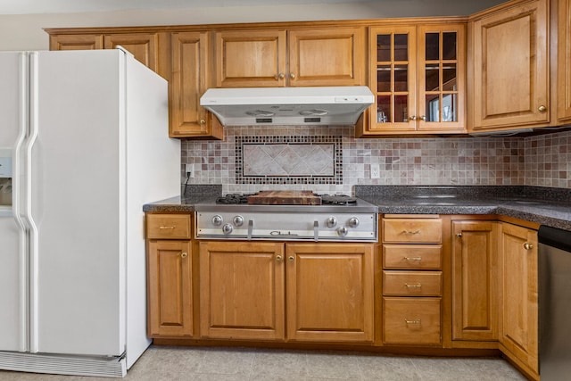 kitchen featuring tasteful backsplash, appliances with stainless steel finishes, dark countertops, and under cabinet range hood