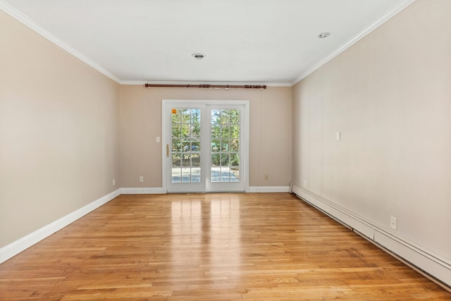 unfurnished room featuring baseboards, light wood-type flooring, a baseboard radiator, and crown molding