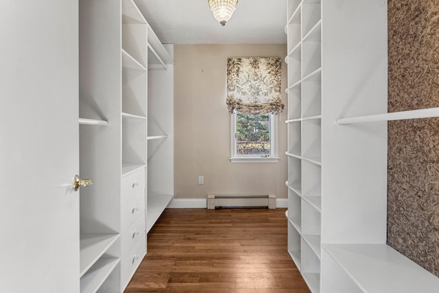 spacious closet with a baseboard radiator and wood finished floors