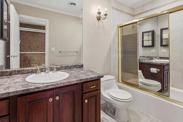 bathroom featuring crown molding, visible vents, toilet, combined bath / shower with glass door, and tile patterned floors