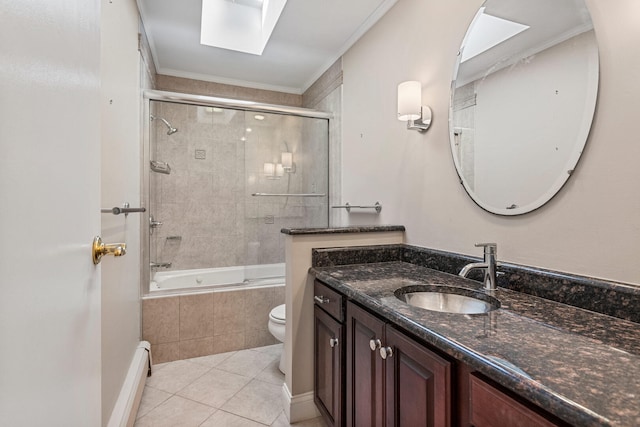 bathroom with tiled shower / bath, toilet, ornamental molding, vanity, and tile patterned floors