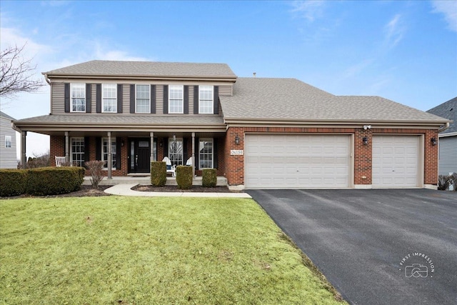 view of front of property with a shingled roof, aphalt driveway, an attached garage, a front lawn, and brick siding