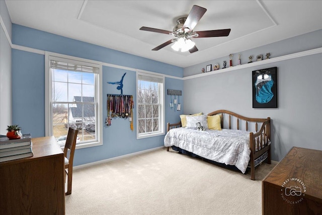 bedroom featuring attic access, carpet, ceiling fan, and baseboards