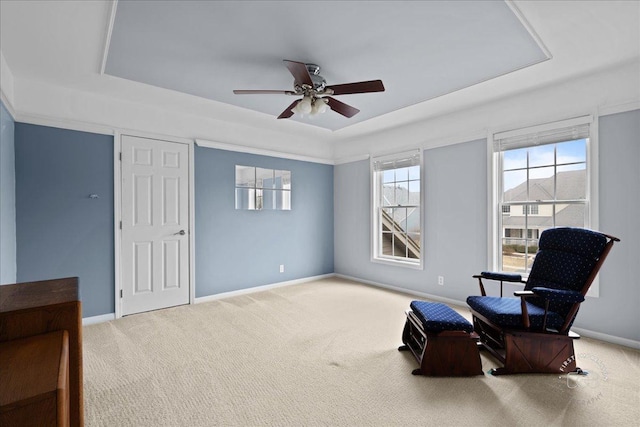 living area with carpet, baseboards, and a raised ceiling