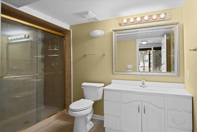 full bath featuring visible vents, toilet, tile patterned flooring, vanity, and a shower stall