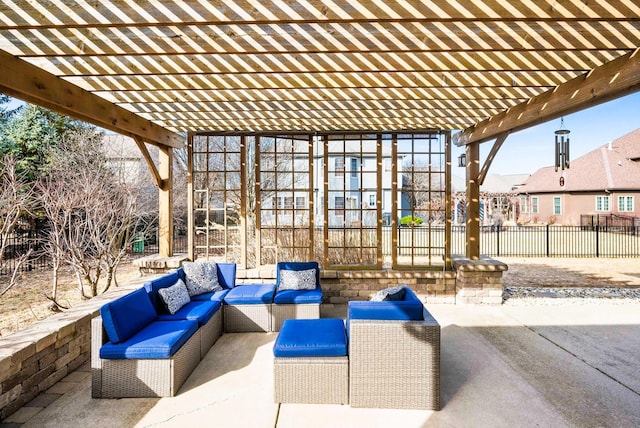 view of patio / terrace with an outdoor hangout area, fence, and a pergola