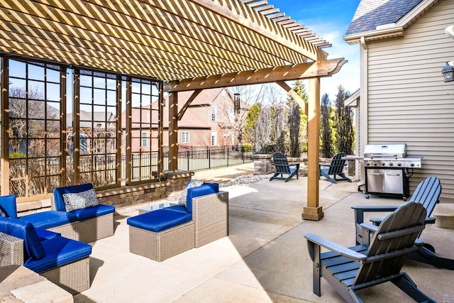 view of patio featuring a pergola, outdoor lounge area, a grill, and fence