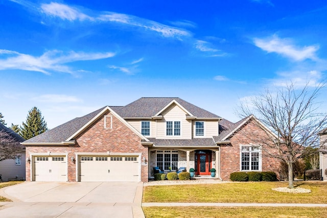 traditional-style home with brick siding, roof with shingles, covered porch, a front yard, and driveway