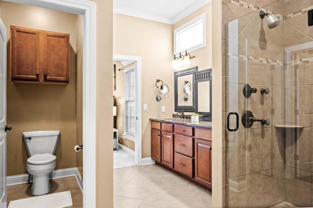 bathroom featuring toilet, a shower stall, ornamental molding, and tile patterned floors