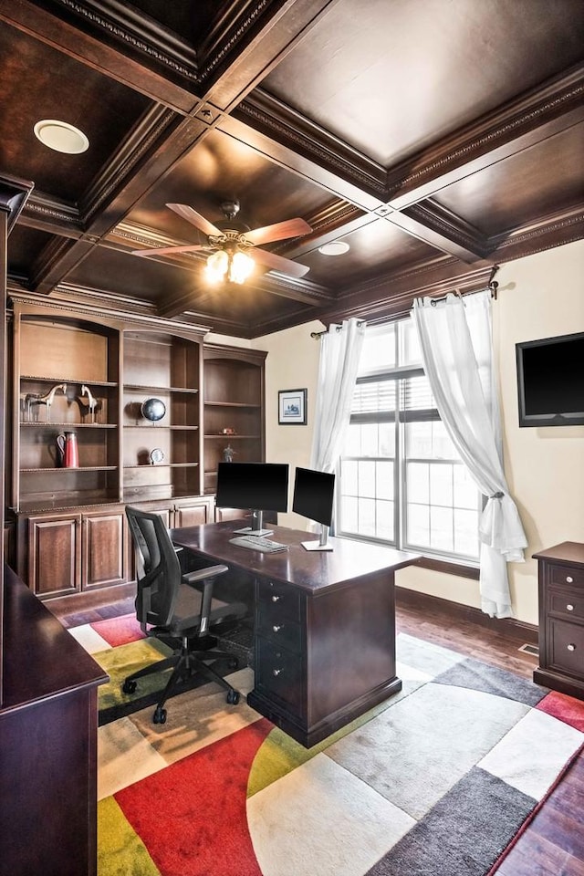 office area with dark wood-style floors, beam ceiling, coffered ceiling, and crown molding