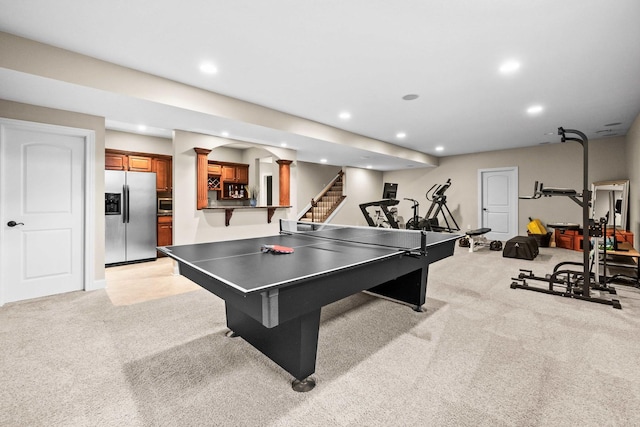 playroom with recessed lighting and light colored carpet