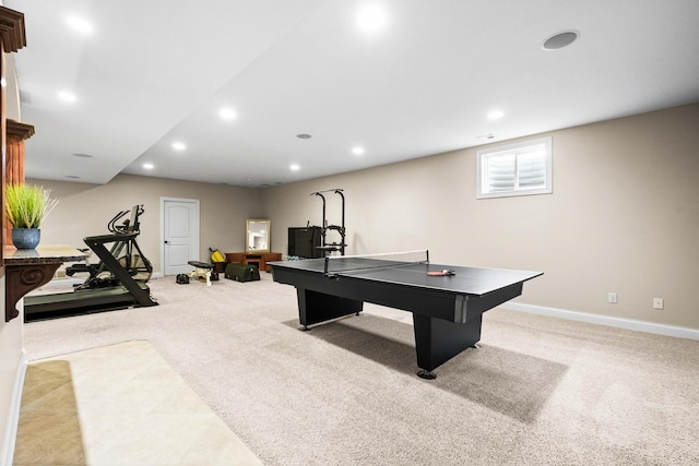 game room featuring baseboards, carpet, and recessed lighting